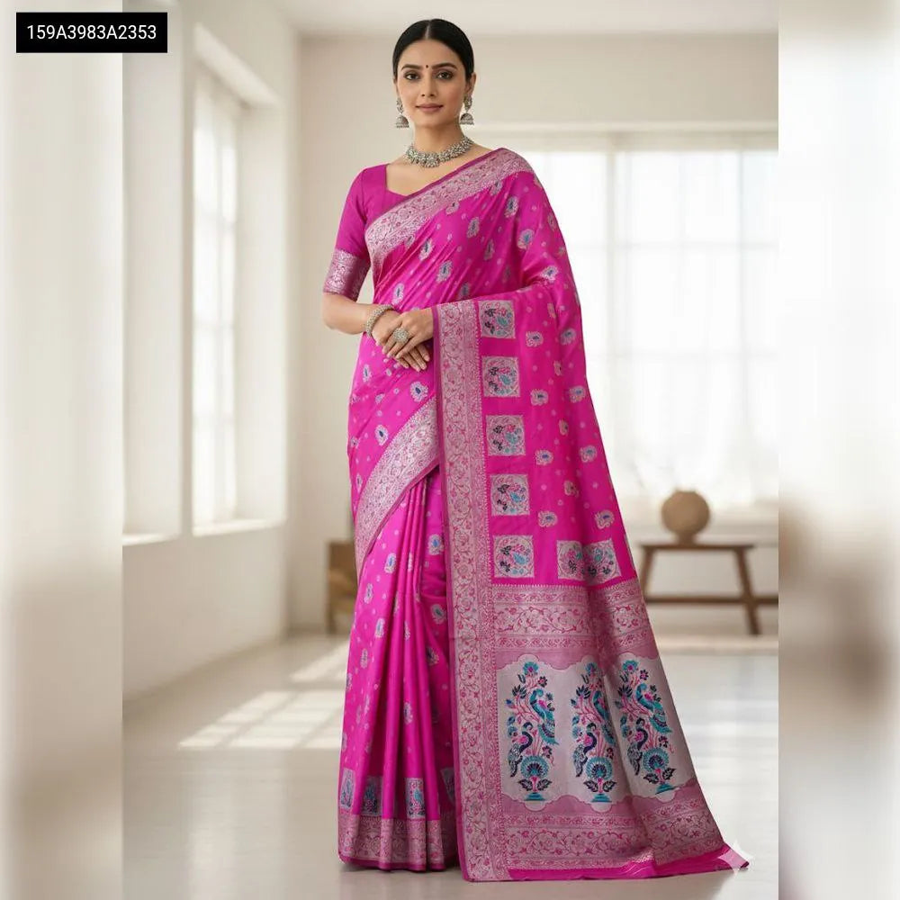 Model wearing a Hot Pink Paithani Silk Saree with silver zari meenakari motifs, front view.
