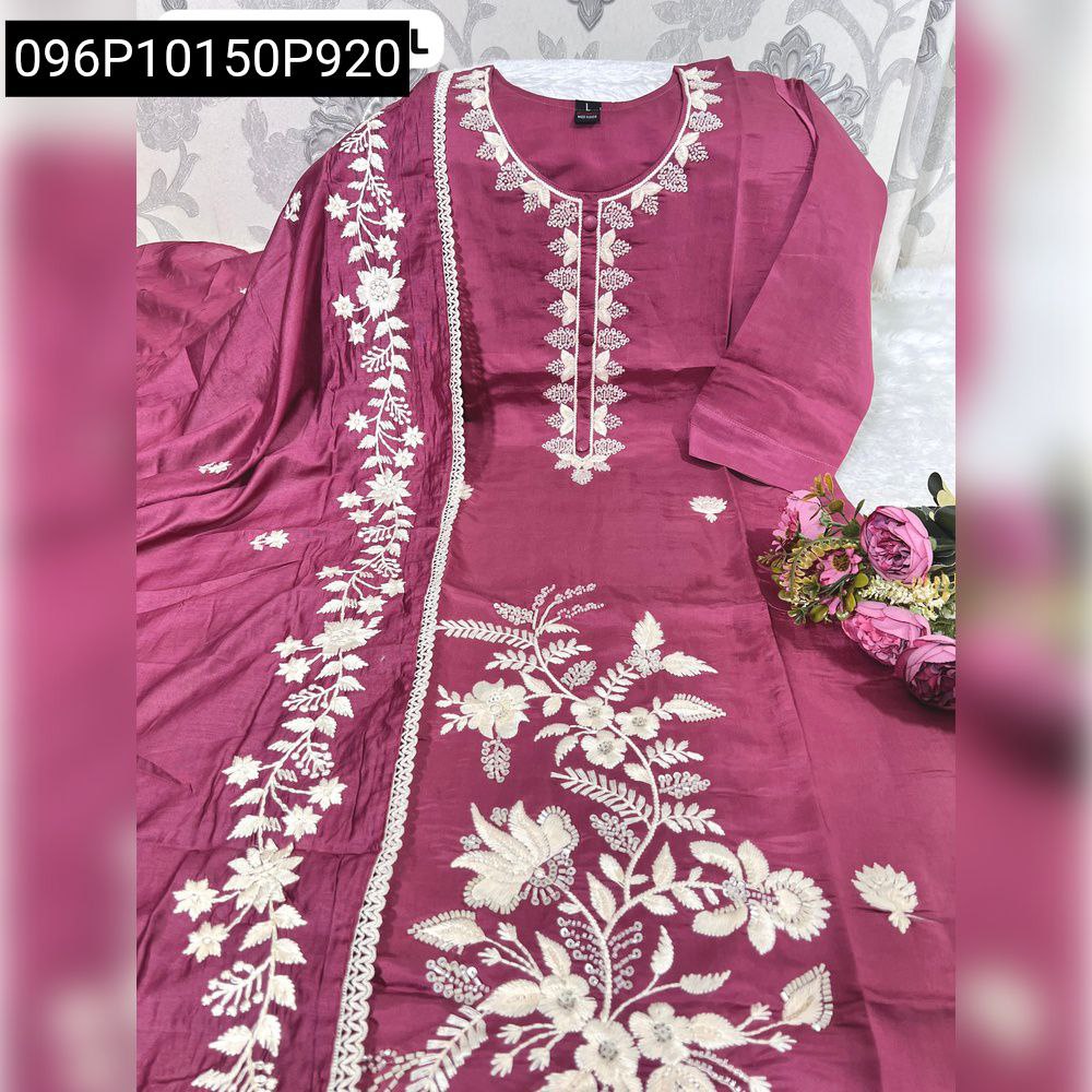 Mauve Roman Silk Pakistani Suit with Kolkatta Hand Embroidery and Dupatta