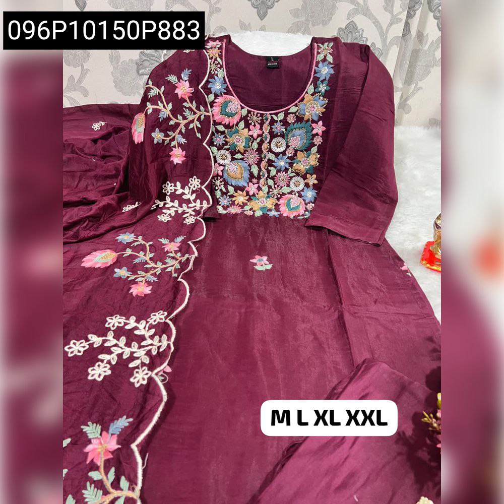 Deep Maroon Women's Pakistani Hand Work Suit, Roman Silk fabric, intricate embroidery, with Dupatta and Pant. Sizes M L XL XXL.