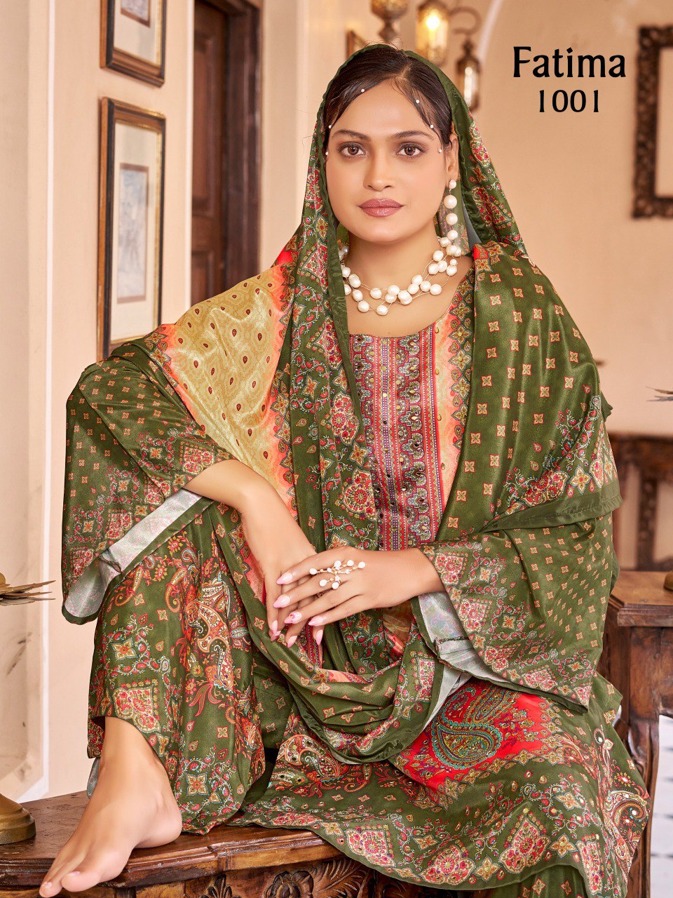 Model in Forest Green Digital Print Pakistani Suit with mirror work, TRENDBUY festive collection