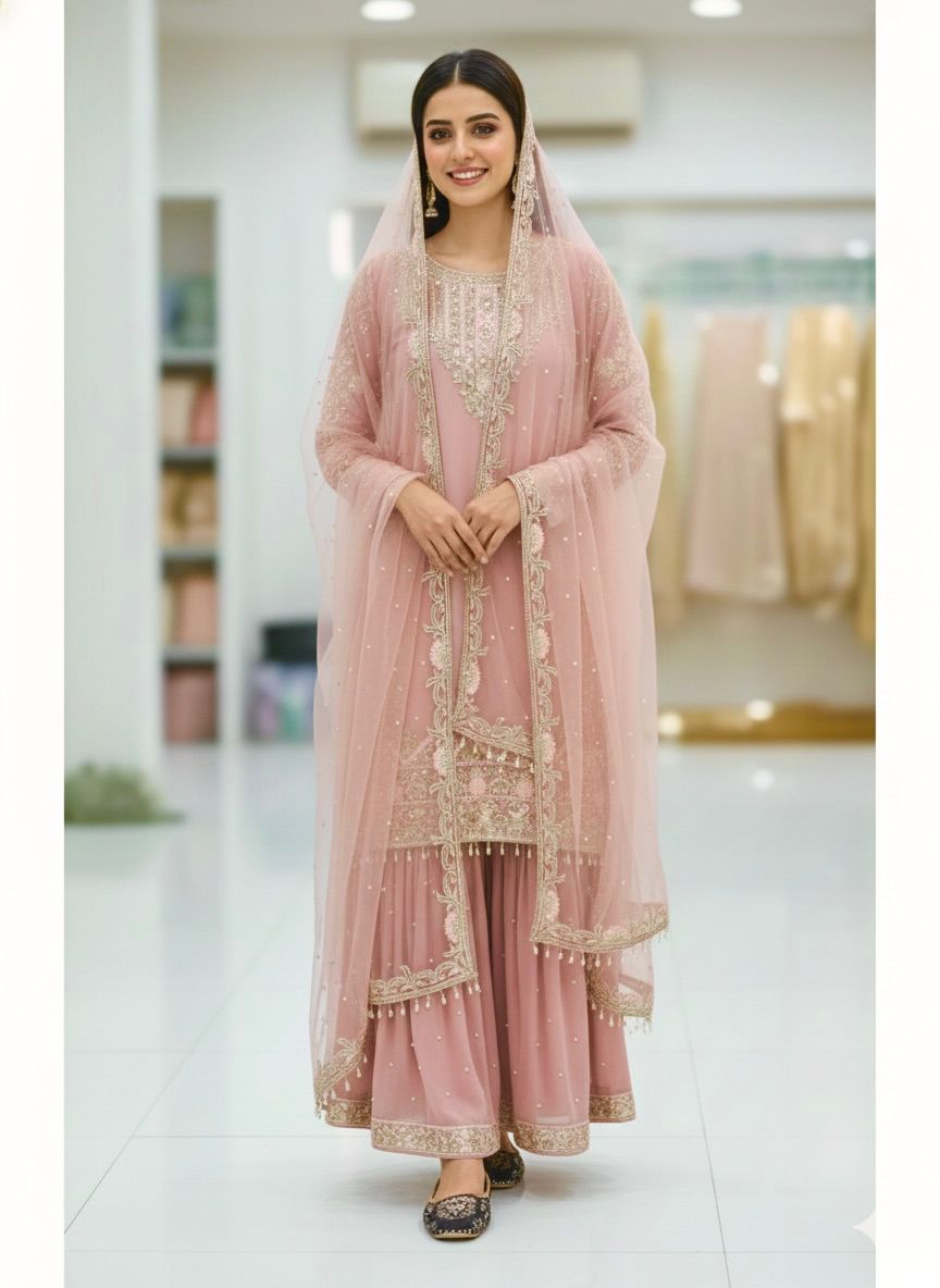Elegant woman smiling, wearing a beautiful Rose Pink Heavy Sequence Work Palazzo Suit Set by TRENDBUY, perfect for party wear.