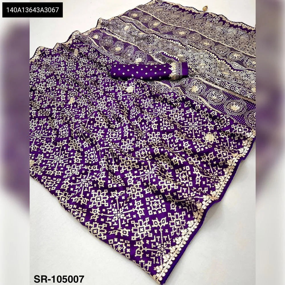 TRENDBUY Purple Patola Hand Block Print Modal Saree with Gota Work and Blouse Piece