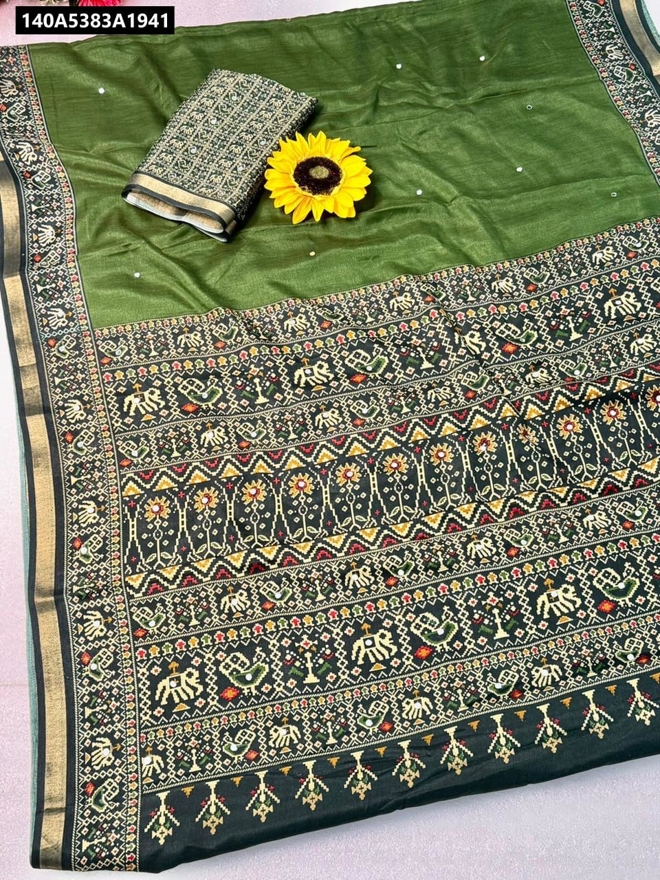 TRENDBUY Green Mul Mul Cotton Viscose Saree with Patola Pallu and Sequence Work Blouse Piece