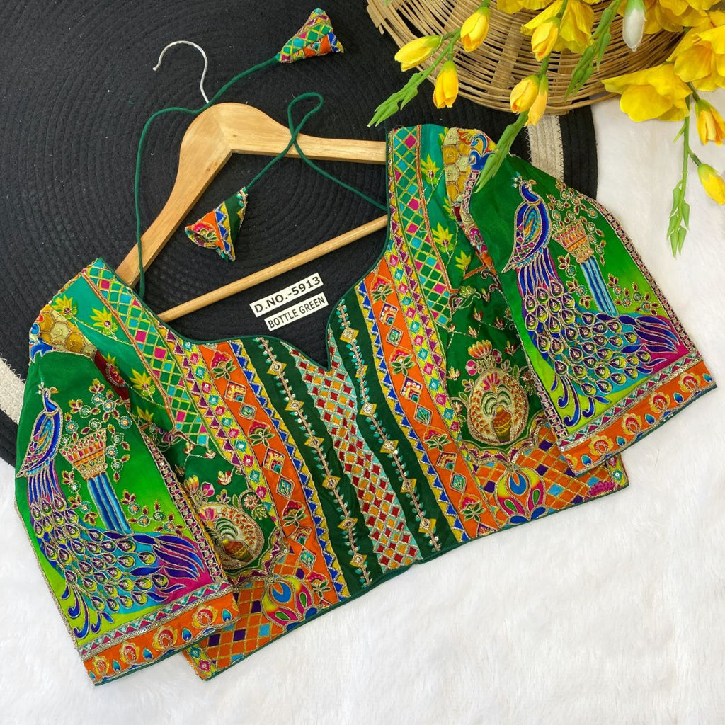 TRENDBUY Peacock Embroidered Blouse in Bottle Green