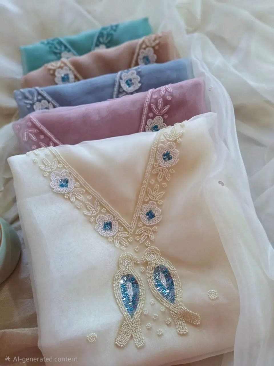TRENDBUY Pearl Work Organza Kurti Set for Women in multiple pastel colors, neatly folded with intricate handwork visible.