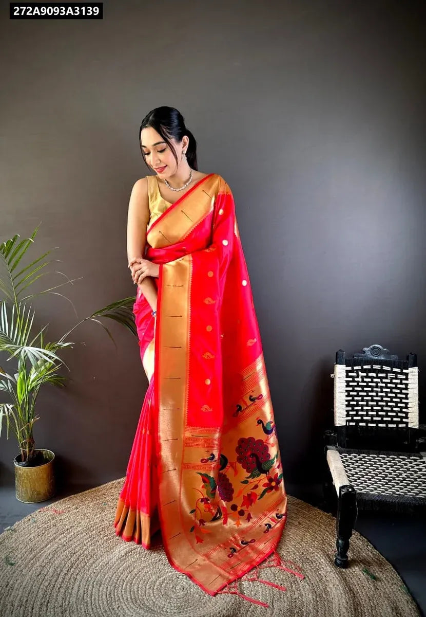 Model wearing Red Pethani Silk Kanchipuram Weaving Saree, front view, gold blouse