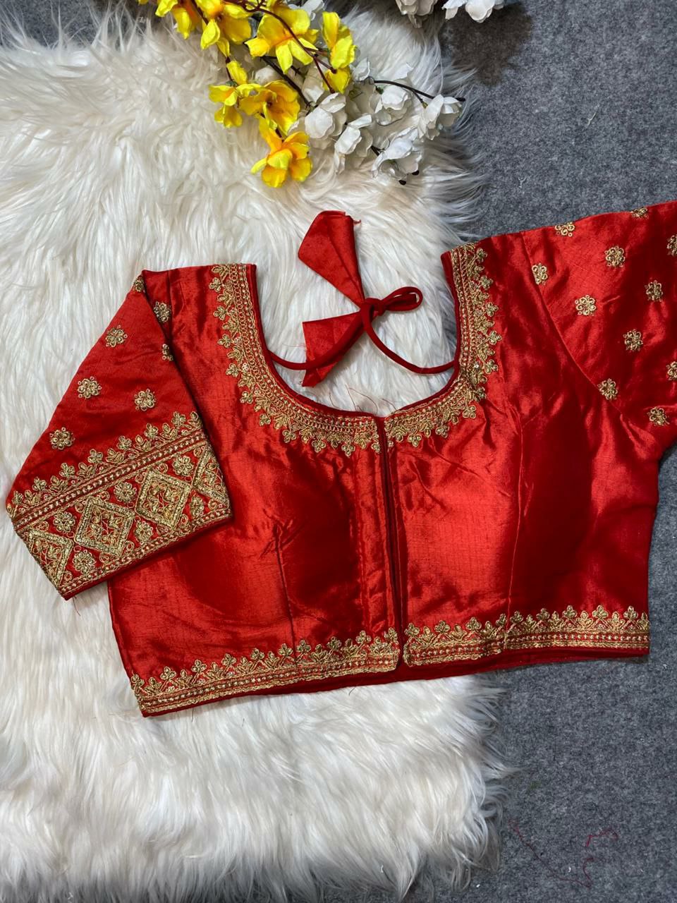 TRENDBUY Red Phantom Silk Blouse with Gold Jari Embroidery and Phantom-square Design