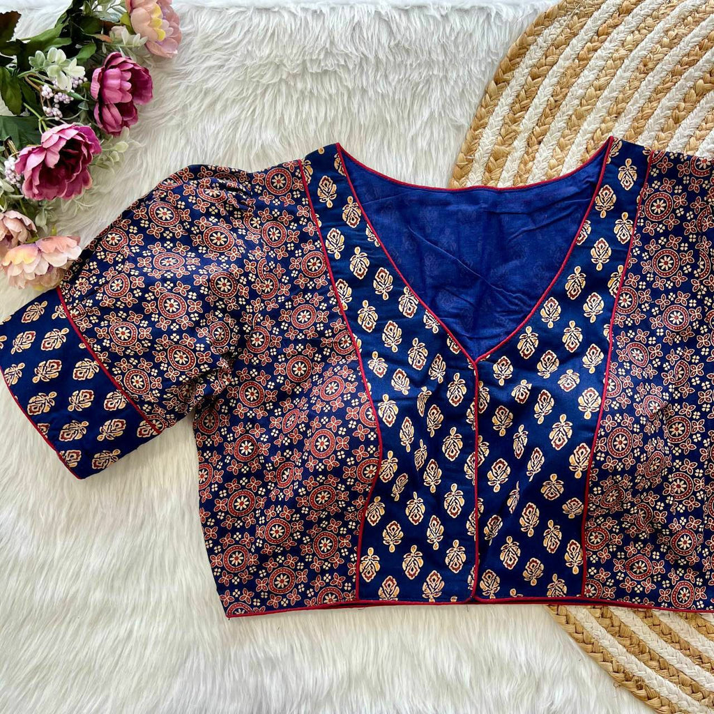 TRENDBUY Navy Blue Printed Puff Sleeves Blouse for Women, Party Wear