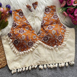 Handcrafted Premium Ajrakh Khadi Cotton Printed Blouse with Real Shell Embellishments for Festive Wear and Navratri