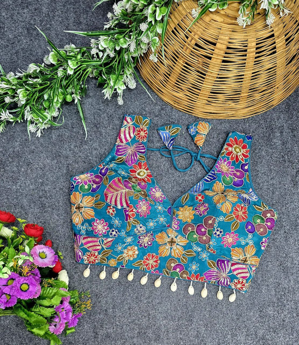 Teal Embroidered Crepe Viscose Blouse for Women with Shell Tassels, TRENDBUY
