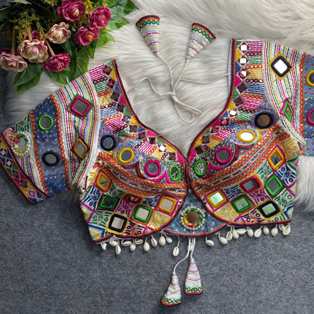 TRENDBUY Traditional Gamthi Mirror Work Blouse with white tassel, front view