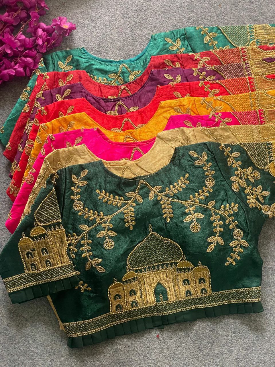 TRENDBUY's collection of Phantom Silk Designer Blouses in various vibrant colors with intricate handwork.