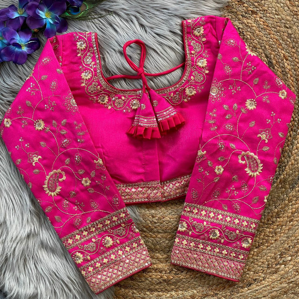 Hot Pink Milan Silk Bridal Work Blouse with Heavy Gold Embroidery and Latkans