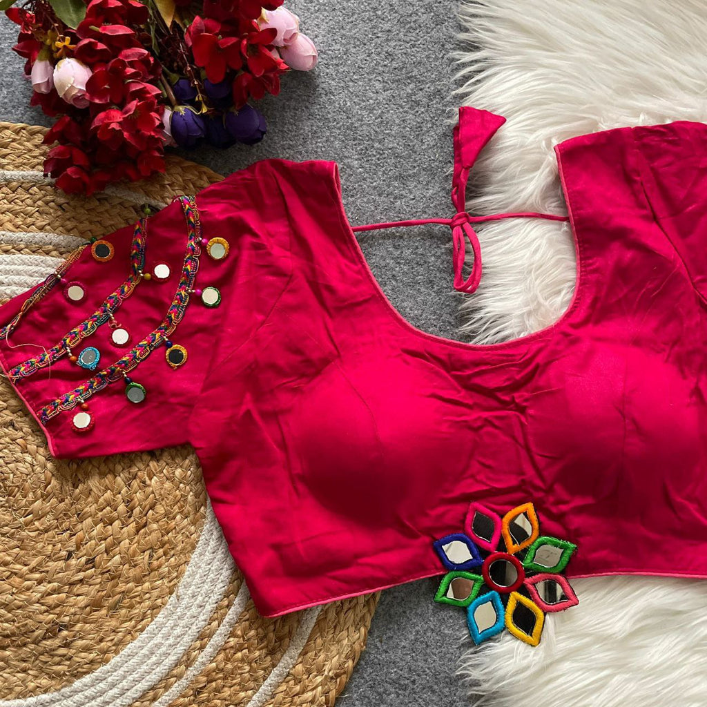 Rani Pink Traditional Mirror Work Cotton Blouse with intricate embroidery for Navratri festivities