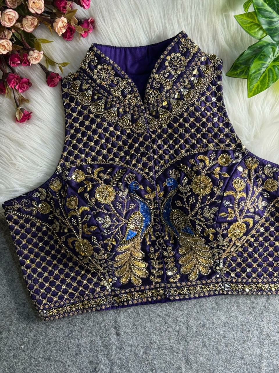 TRENDBUY Peacock Embroidered Blouse in Purple, front view
