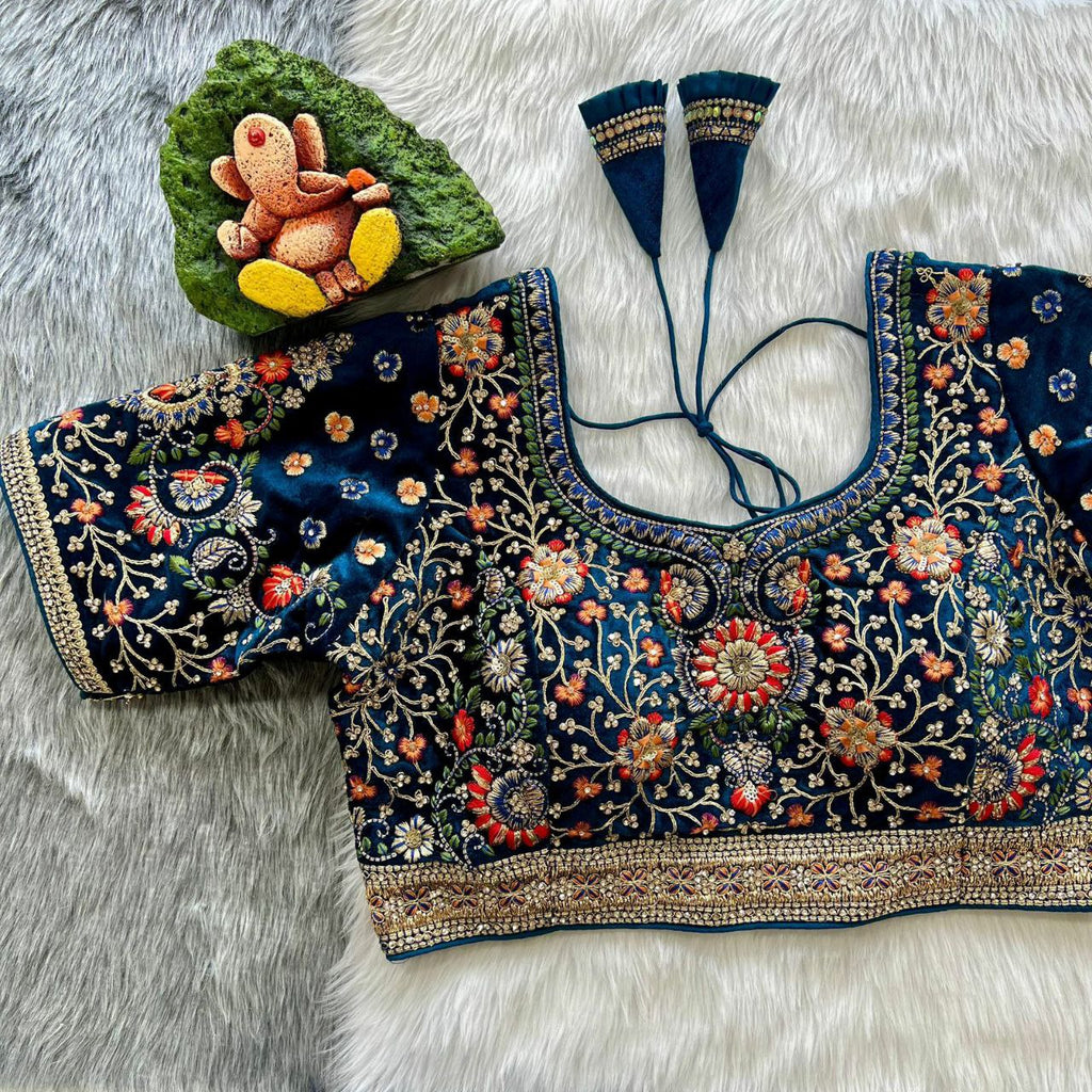 TRENDBUY Navy Blue Velvet Embroidered Bridal Blouse with Ganesha Idol