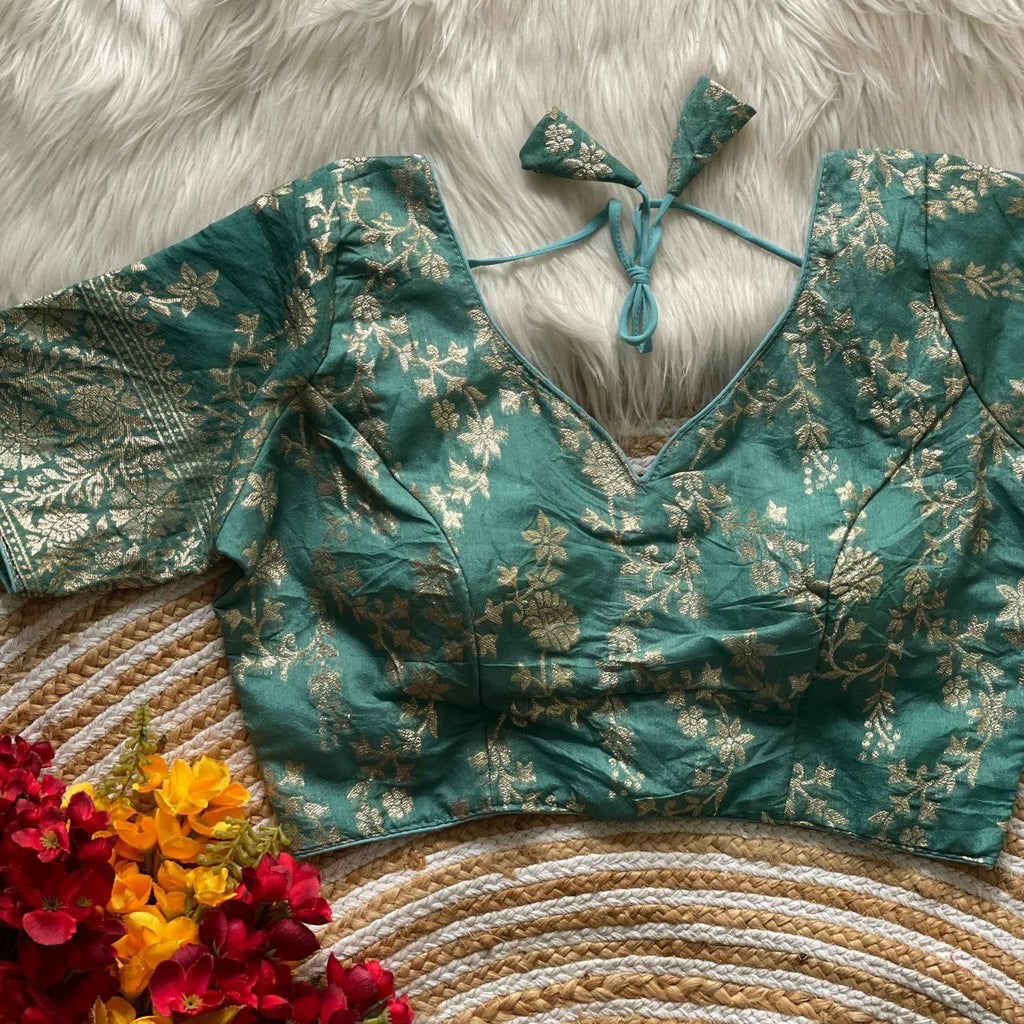 TRENDBUY Dola Silk Brocade Blouse in Teal Green with golden zari work