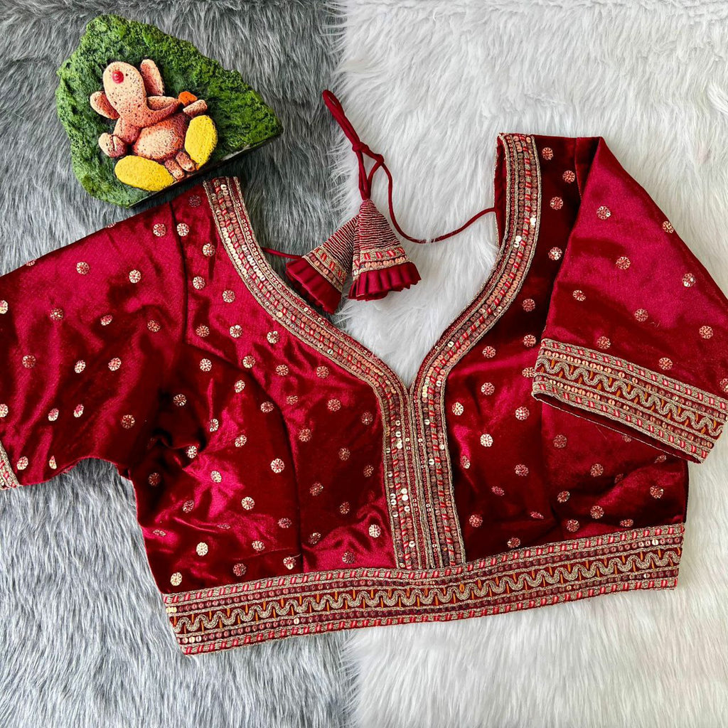 TRENDBUY Crimson Red Heavy Velvet Embroidered Blouse with Glitter Sequence Work