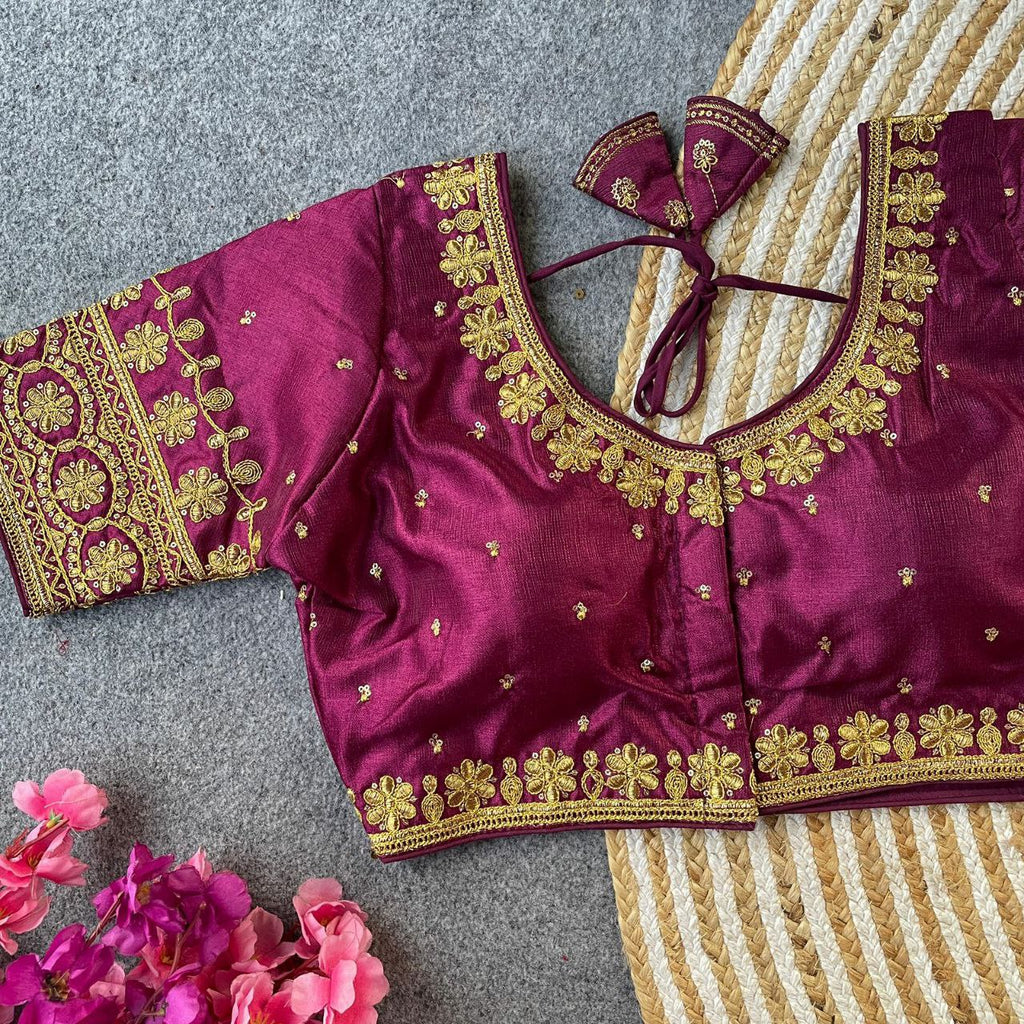 TRENDBUY Magenta Heavy Embroidered Milan Silk Blouse for Women, Front View