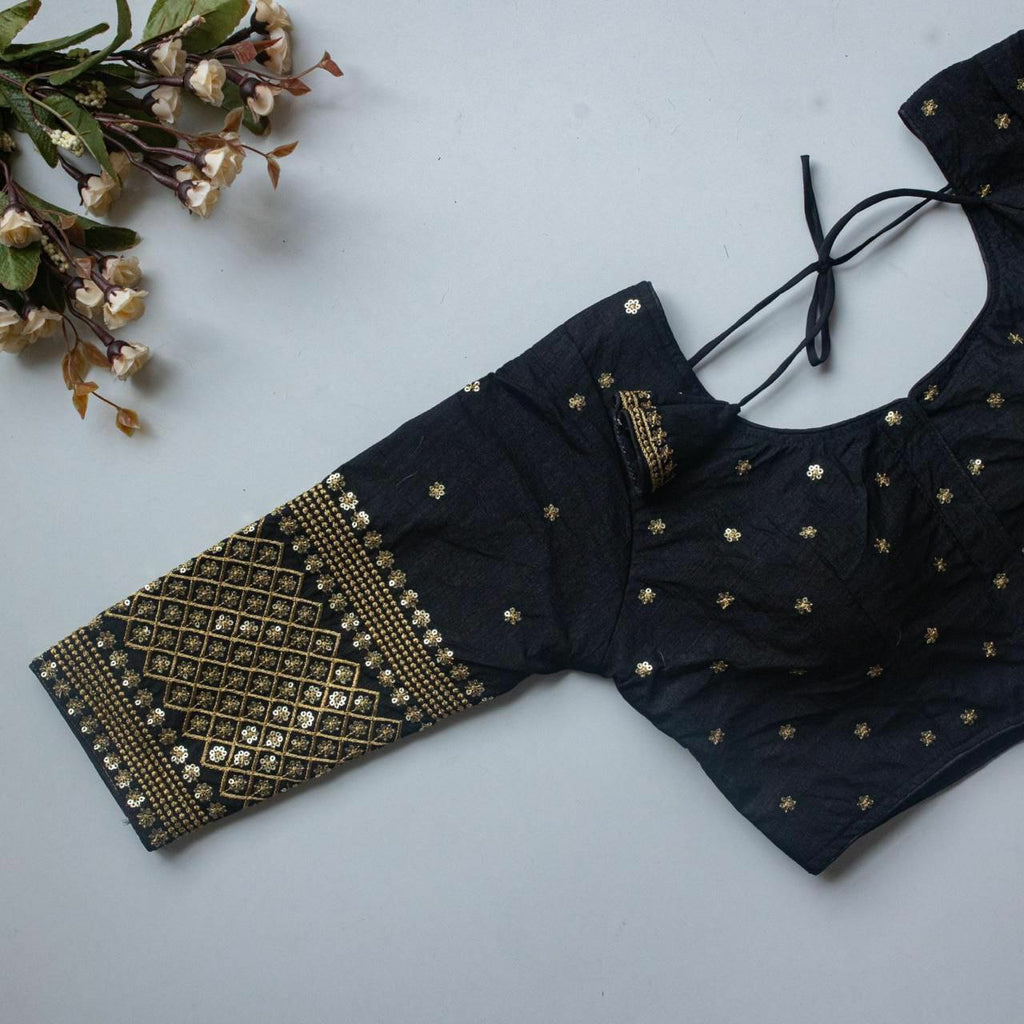 Black Vichitra Silk Embroidered Blouse with Zari and Sequence Work