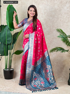 TRENDBUY Premium Banarasi Soft Silk Saree - Rose Gold Zari Meenakari