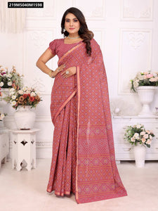 TRENDBUY Premium Cotton Patola & Bandhej Saree with Zari Border & Printed Blouse