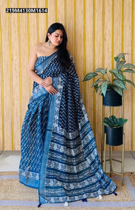 TRENDBUY Premium Linen Cotton Digital Batik Print Saree with Silver Border