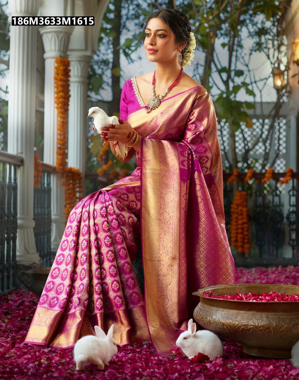 Full shot of the model gracefully seated in the magenta Banarasi silk saree, holding a white dove, surrounded by rose petals and white rabbits, capturing the saree's opulence and traditional charm.