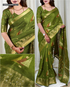 TRENDBUY Dull Moss Zari Woven Border Saree with Tassels
