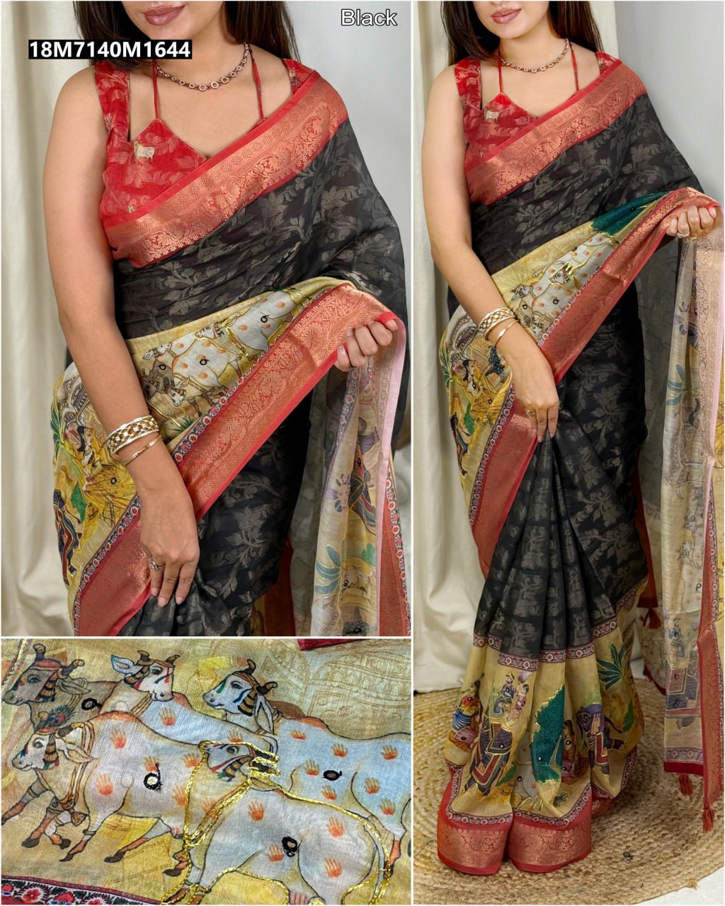 Model showcasing the Black TRENDBUY Pichwai Jacquard Saree with a vibrant red blouse, detailing the zari border and hand katha mirror work on the pallu.