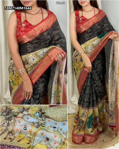 TRENDBUY 'Divine Drape' Pichwai Jacquard Saree - Hand Katha & Mirror Work