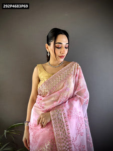 TRENDBUY Orgenza Silk Saree with Heavy Golden Foil Embroidery