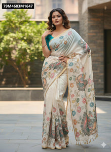 TRENDBUY Viral Kalamkari Peacock Linen Saree - Digital Print Elegance