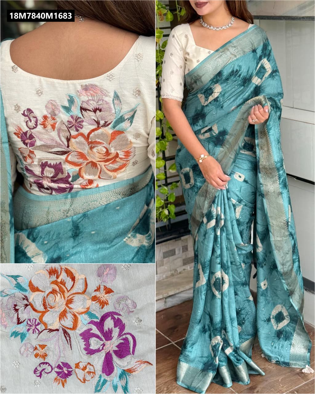 Full-length shot of a model wearing a teal blue shibori batik pure viscose cotton saree with a zari border, paired with an off-white tusser cotton blouse featuring elaborate multi-thread floral embroidery on the back. A detailed close-up of the blouse embroidery is included.