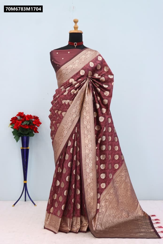 Deep Maroon Soft Silk Paithani Saree with intricate rose gold zari work and rich pallu, draped elegantly on a mannequin, showcasing its full splendor.