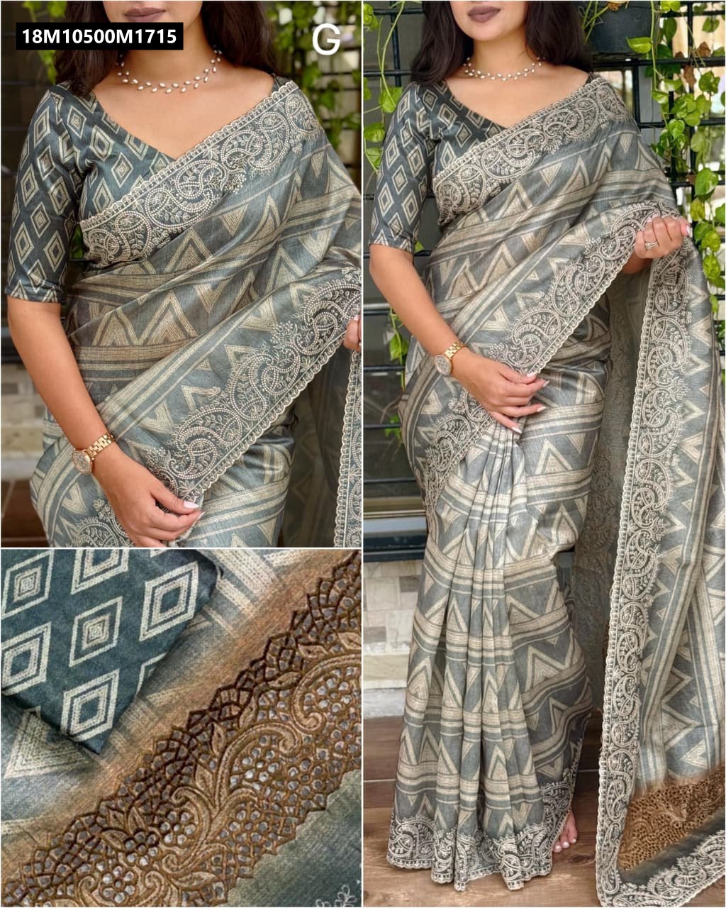 Model showcasing the draped Slate Grey-Green Tusser Linen Cotton Saree, highlighting the digital print body, intricate embroidered border, and brown-gold ombre pallu. Close-up inset shows the pallu and blouse.