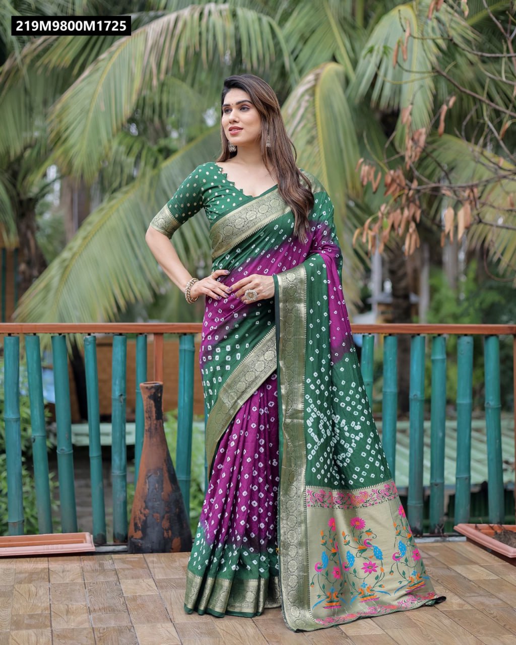 Model showcasing TRENDBUY Dola SoftSilk Bandhej Saree in a two-tone green and purple, draped elegantly, with a prominent gold Paithani weaving border and rich pallu.
