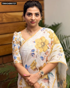 TRENDBUY Elegant Floral Digital Print Linen Saree with Blouse
