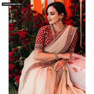 Enchanting Champagne Gold Saree with Rich Red Embroidered Blouse by TRENDBUY