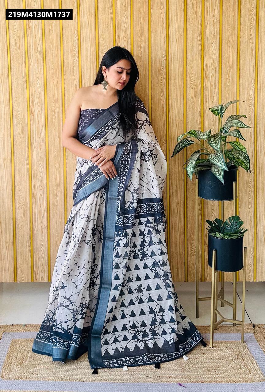 TRENDBUY Off-White & Black Batik Crackle Print Linen Cotton Saree with woven silver border and matching printed blouse.