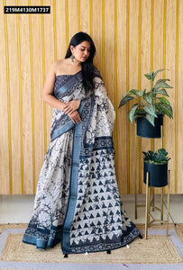 TRENDBUY's Viral Batik & Digital Print Linen Cotton Saree with Woven Silver Border