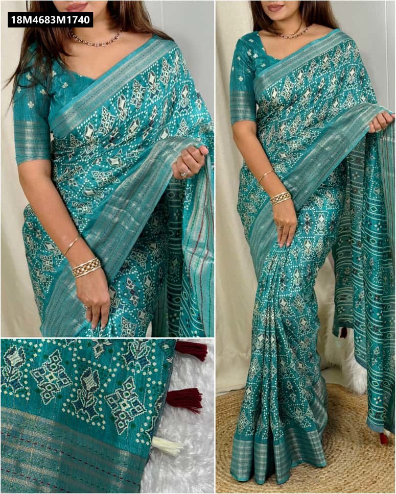 Model showcasing a draped teal Maslin cotton Ajrakh printed saree with matching blouse, featuring katha work border, zari lining, and intricate Ajrakh patterns.