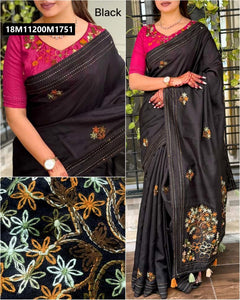 TRENDBUY Tusser Cotton Saree with Intricate Katha Work Embroidery & Tassel Pallu