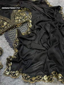 TRENDBUY Black Rangoli Silk Saree with Gold Thread & Sequin Embellishments