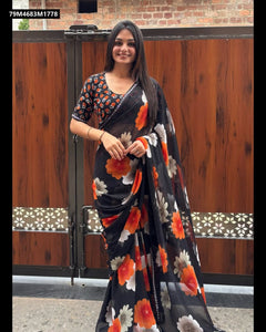 TRENDBUY Elegant Black Georgette Saree with Floral Digital Print & Swarovski Work Border