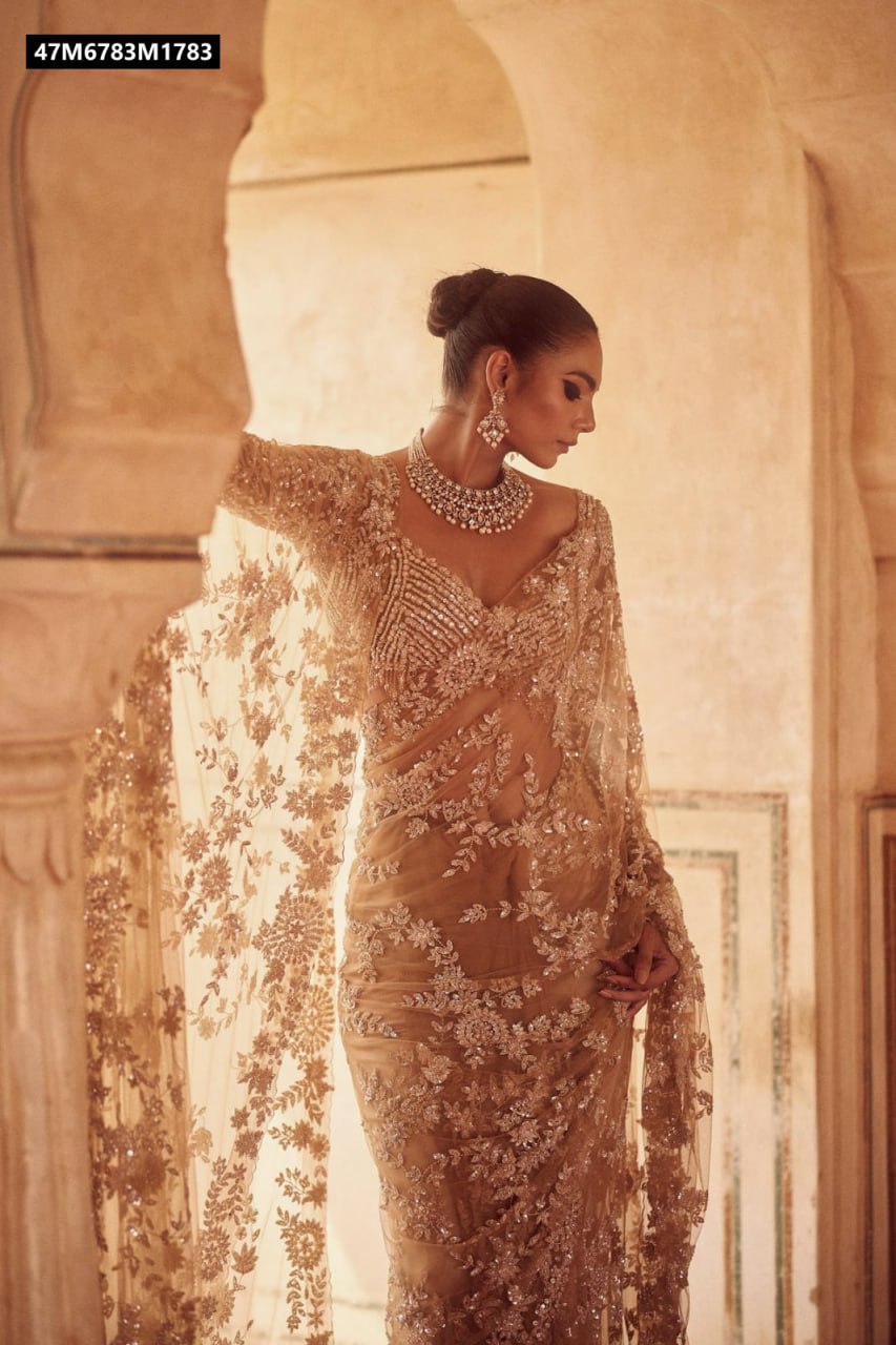 Elegant model wearing a golden mono net saree with intricate embroidery and sequins, posing gracefully in an ancient arched hallway.