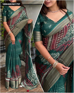 Embrace Elegance: TRENDBUY Pure Zari Moss Saree with Enchanting Prints & Zari Jacquard Border