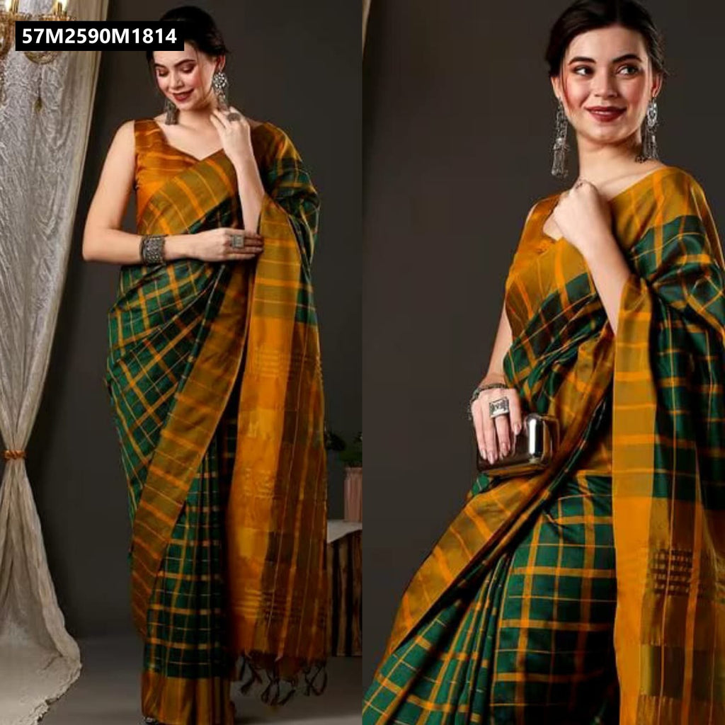 Model showcasing TRENDBUY Aura Cotton Silk Saree in green and mustard yellow plaid with zari pallu, paired with a matching sleeveless blouse.