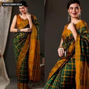 TRENDBUY Aura Cotton Silk Plaid Saree with Zari Pallu & Jhalar Blouse