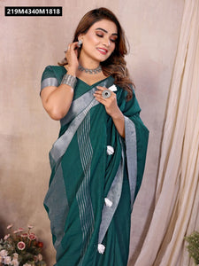 TRENDBUY Luxurious Linen Cotton Saree with Silver Zari Border